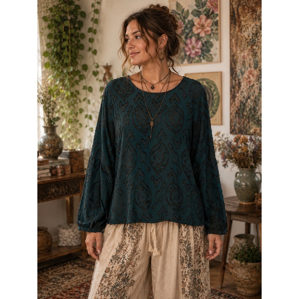 Boho Ann Taylor LOFT Dark Green Black Burnout Textured Damask Puff Sleeve M Top